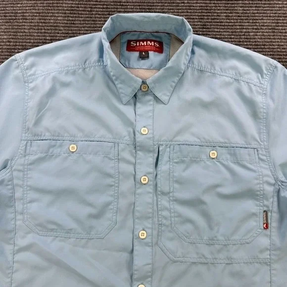 Simms Fishing Products Light Blue Short Sleeve Button Up Shirt Men Large Outdoor - Picture 4 of 15